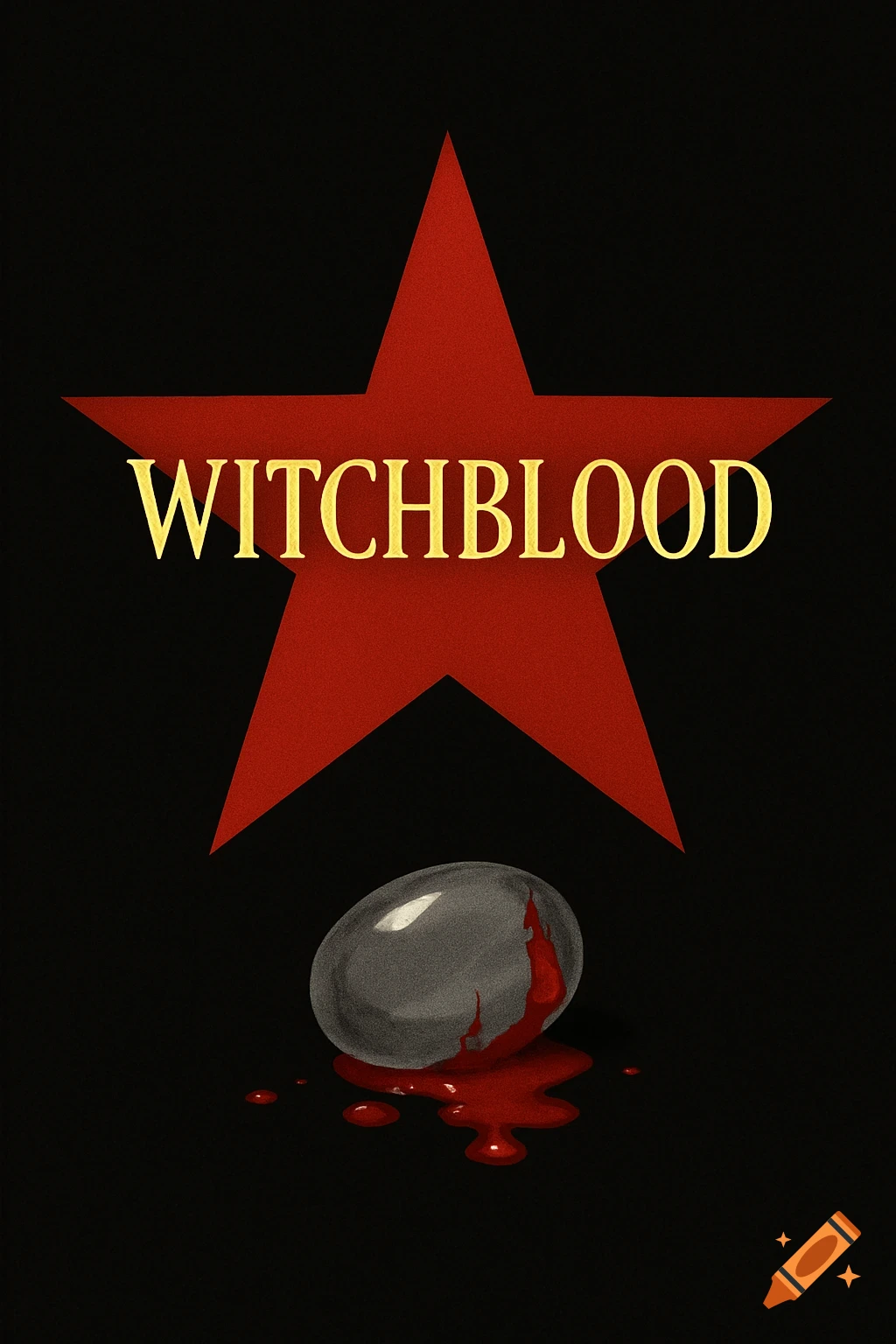 A red five-pointed star with the word 'WITCHBLOOD' in gold letters, above a cracked grey egg spilling red liquid on a black background.