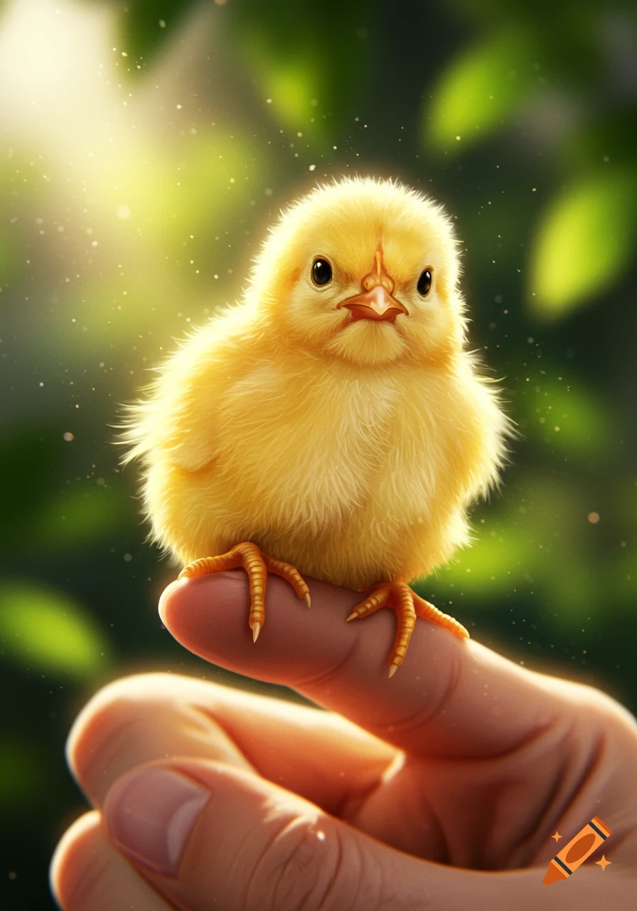 A fluffy yellow chick perches on a human finger, looking at the viewer with bright eyes, against a soft green bokeh background.