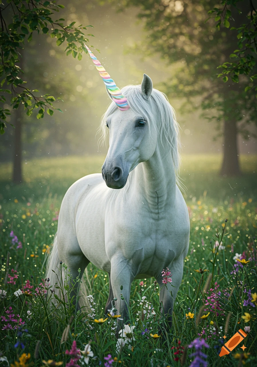 A beautiful white unicorn with a rainbow horn stands in a sun-dappled meadow filled with colorful wildflowers.
