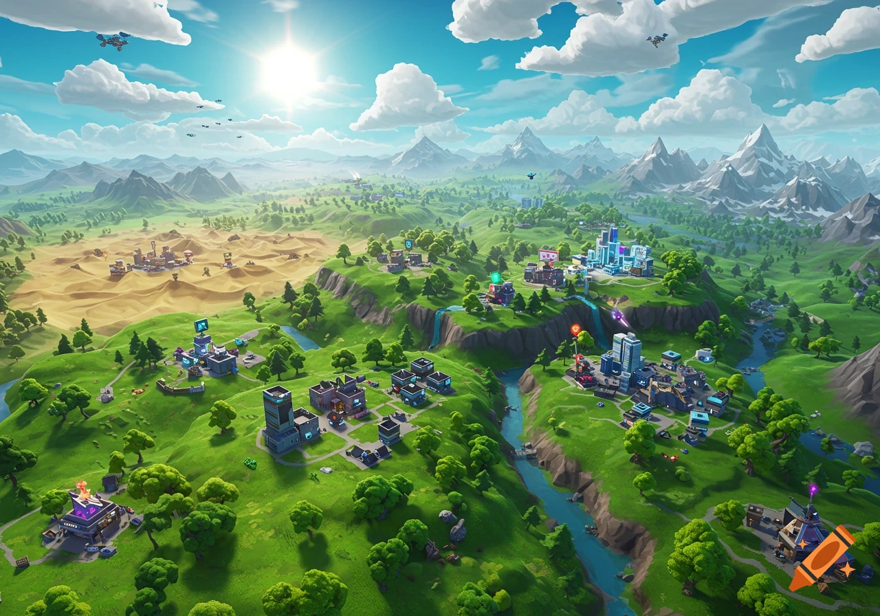 An aerial view of a vibrant, colorful cartoonish video game map with green hills, a desert, mountains, rivers, and diverse buildings.