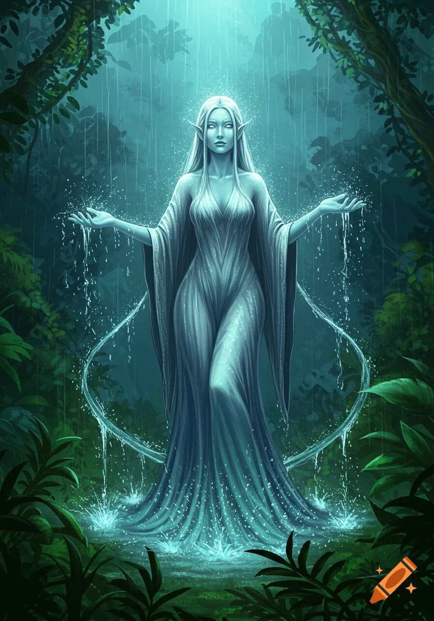 A serene elf-like rain goddess in a flowing dress stands in a mystical forest, surrounded by falling water and luminous rain.
