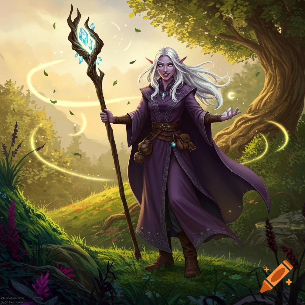 A white-haired half-elf sorceress in a purple robe holds a glowing staff in a magical forest.