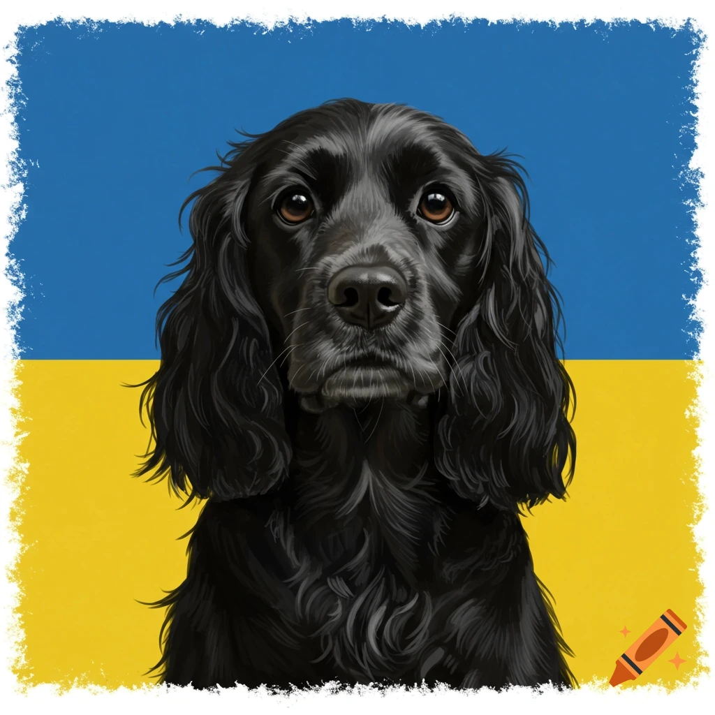 Detailed portrait of a black Cocker Spaniel against a blue and yellow Ukrainian flag background with a distressed border.