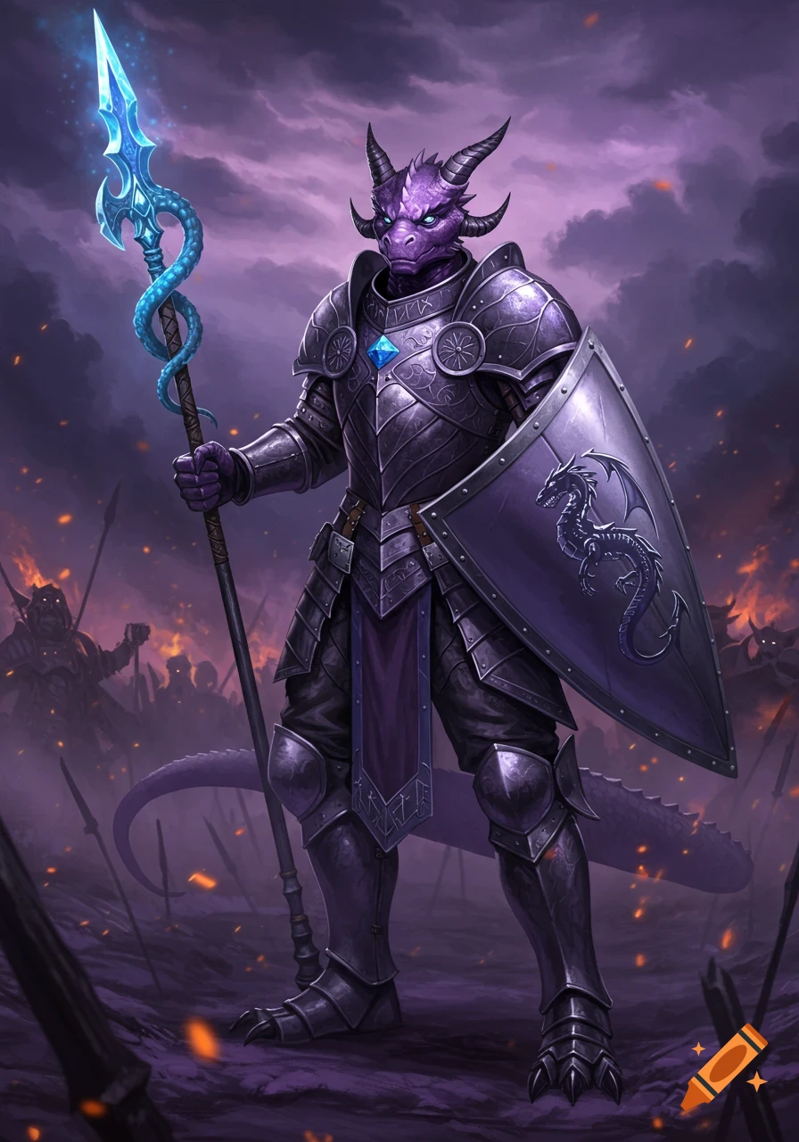 A purple dragonborn knight in dark armor, holding a glowing spear and a dragon-emblazoned shield, stands on a battlefield.