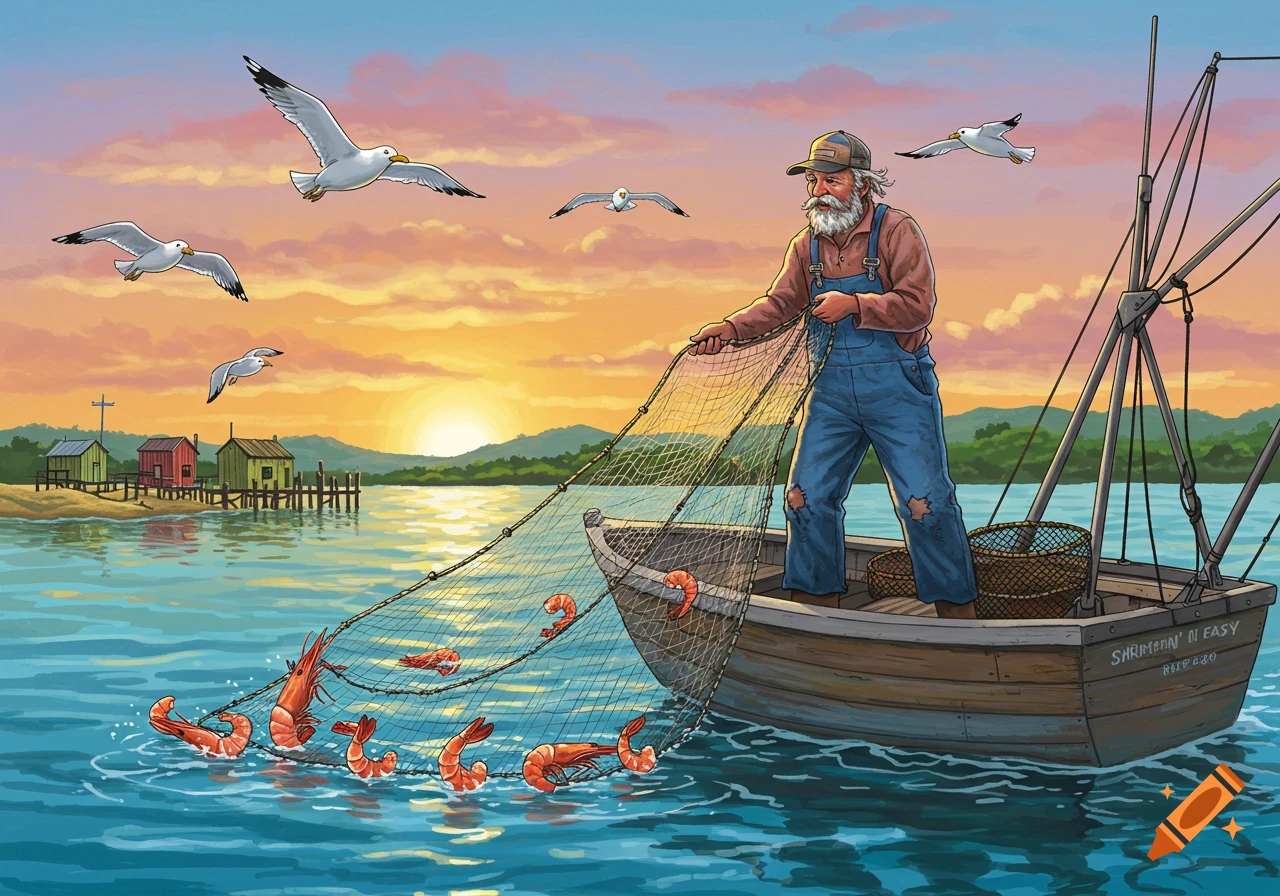 An illustrated scene of an old fisherman in a boat pulling a net full of shrimp from the water at sunset, with seagulls flying overhead and shacks on the shore.