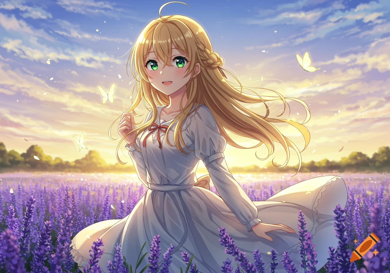 An anime girl with blonde hair and green eyes, wearing a white dress, stands in a lavender field at sunset with butterflies.