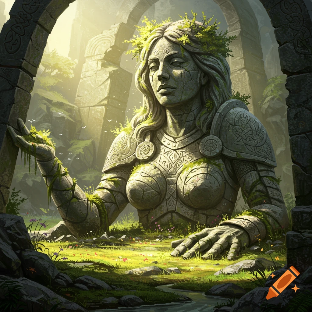 Colossal stone statue of a female Celtic warrior, overgrown with moss, emerging from the ground amidst ancient ruins bathed in sunlight.