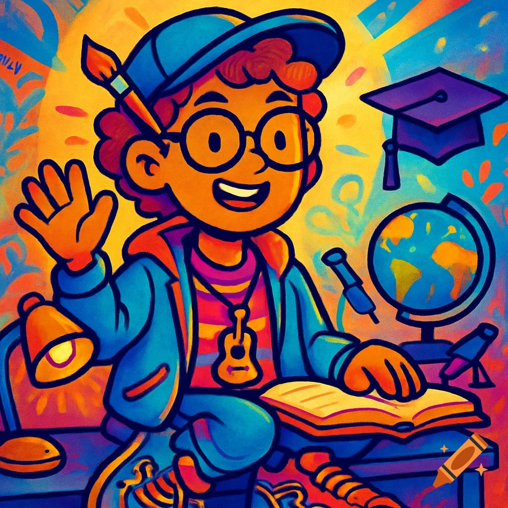 A vibrant cartoon of a smiling student in a baseball cap waving, sitting at a desk with a book, globe, graduation cap, and microscope.