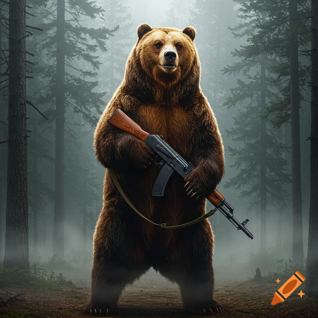 A photorealistic brown bear stands upright in a foggy forest, holding an AK-47 assault rifle.