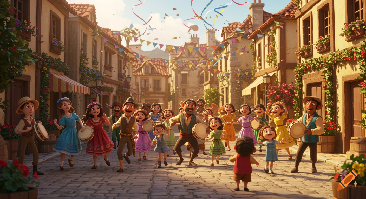 Pixar-style animation of diverse townspeople and children dancing joyfully in a festive street decorated with banners and streamers.