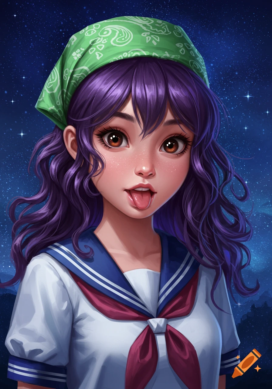 Stylized portrait of a playful girl with purple hair, green bandana, sailor uniform, sticking out tongue, starry night.