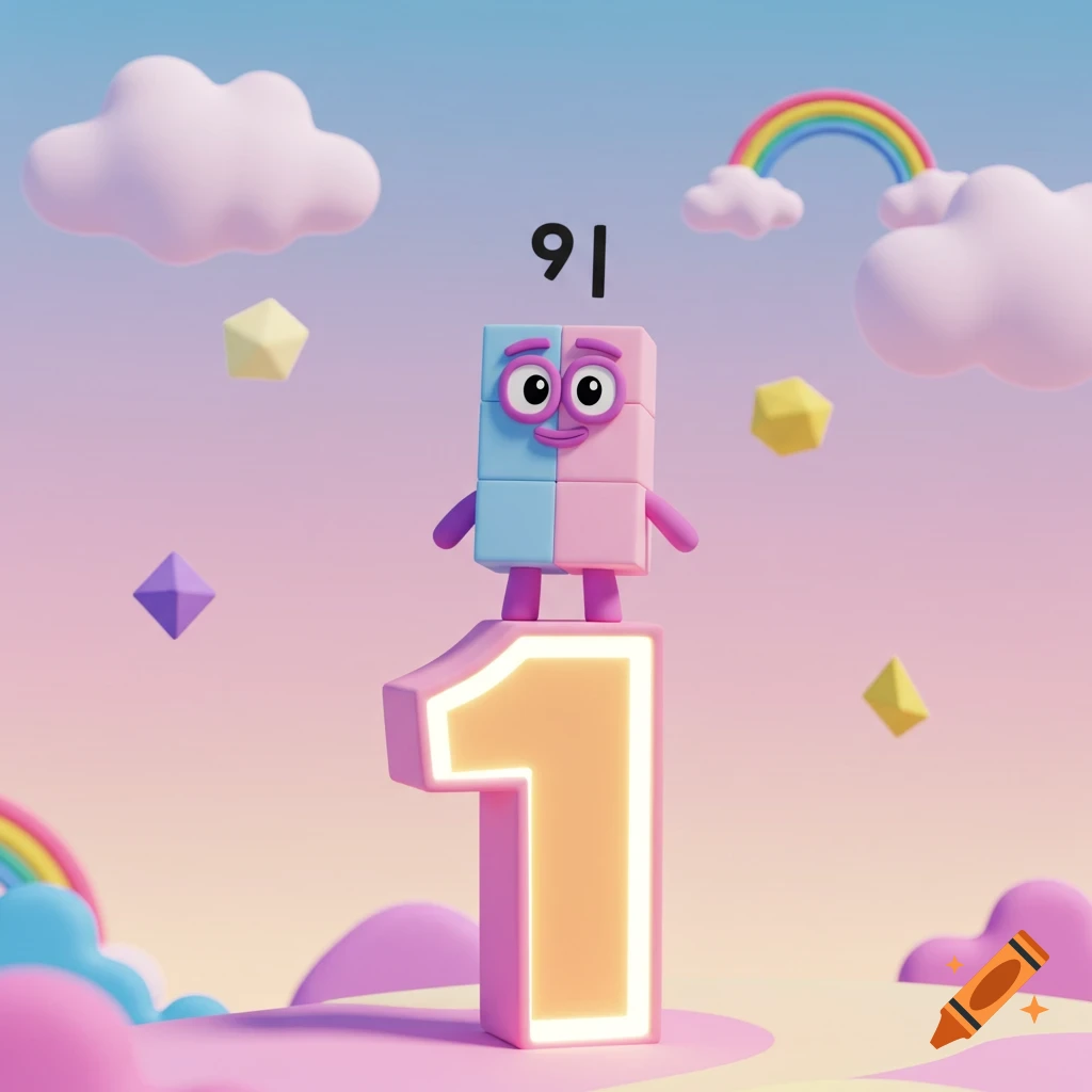 A cartoon block character made of pink and blue squares stands atop a large glowing pink number one, against a pastel sky with clouds and rainbows.