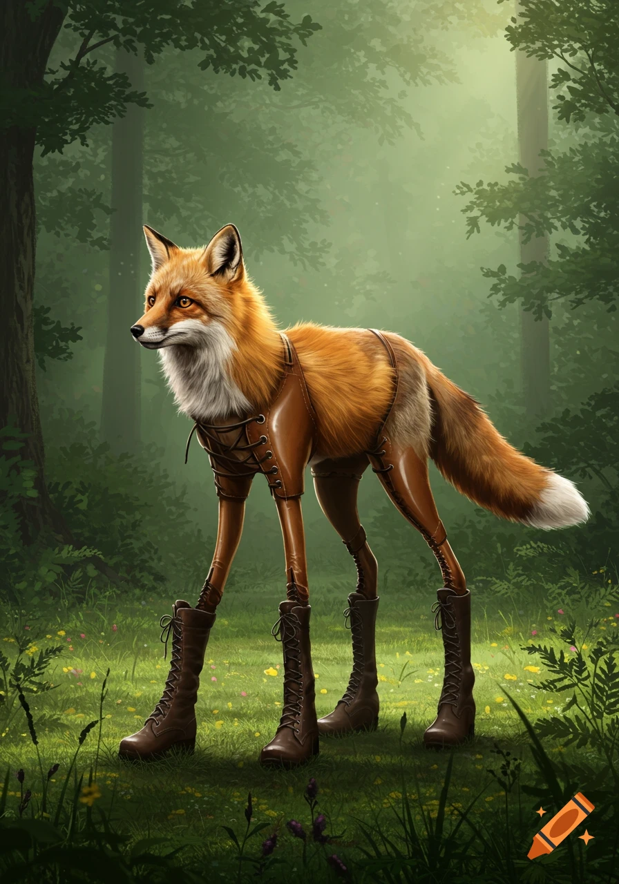 A red fox with long, slender, boot-wearing legs stands in a lush green forest, sunlight filtering through the trees.