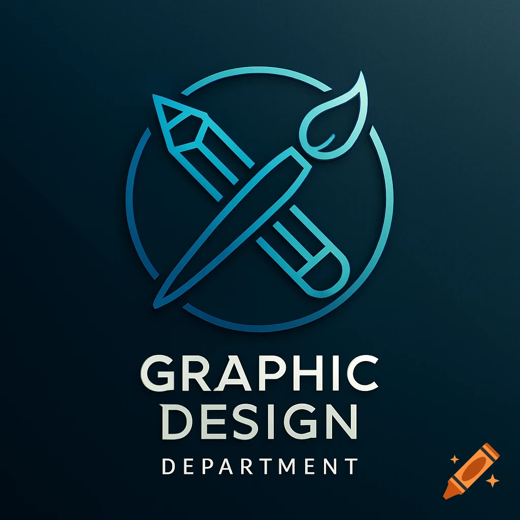 A blue gradient outline logo of a crossed pencil and paintbrush in a circle, with 'GRAPHIC DESIGN DEPARTMENT' text below, on a dark background.