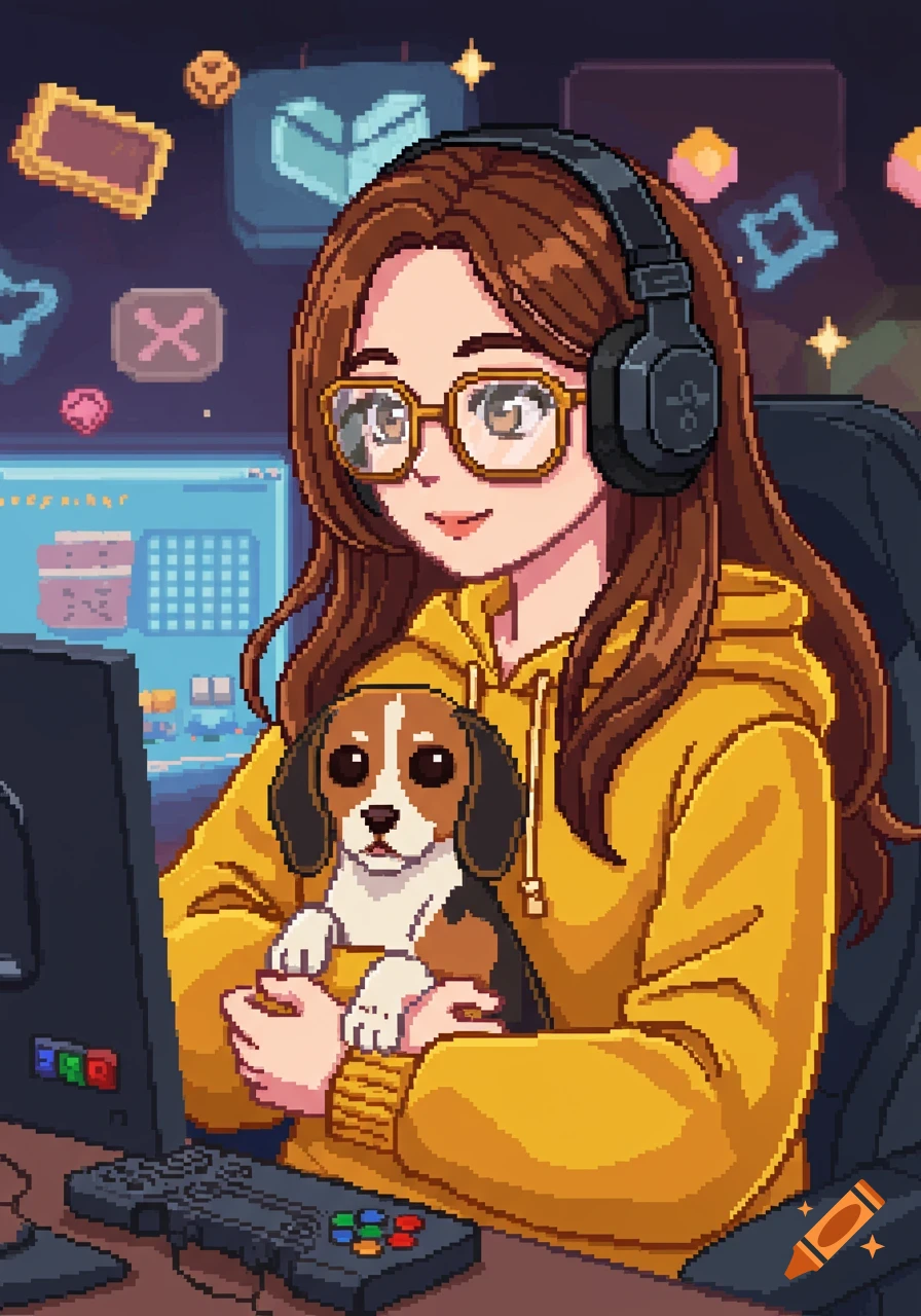 A pixel art anime girl with brown hair and glasses, wearing a yellow hoodie and headphones, holds a beagle while at a computer with a game controller.