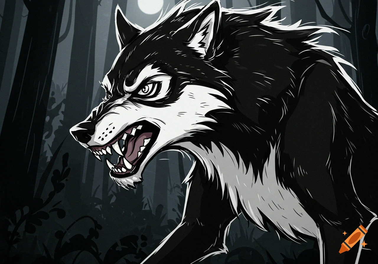 A black and white cartoon wolf with sharp teeth snarls fiercely in a dark, moonlit forest.