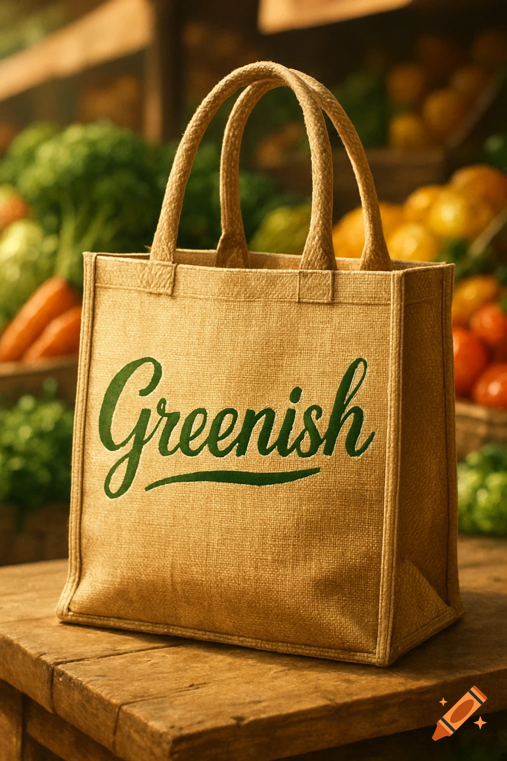 Photorealistic image of a burlap reusable shopping bag with 'Greenish' in green script on a wooden table, blurred market produce in background.