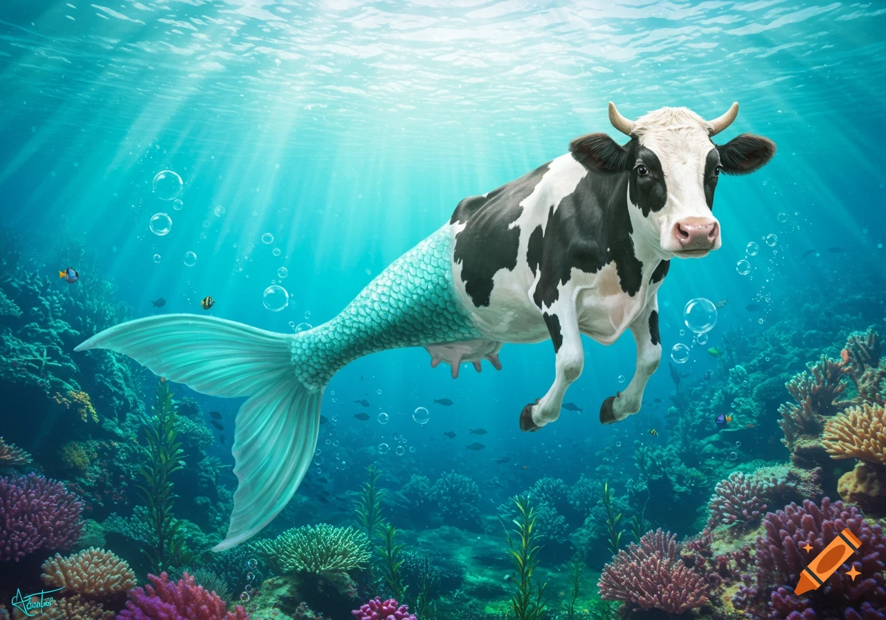 A black and white cow with a turquoise mermaid tail swims in a sunlit coral reef filled with fish and bubbles.