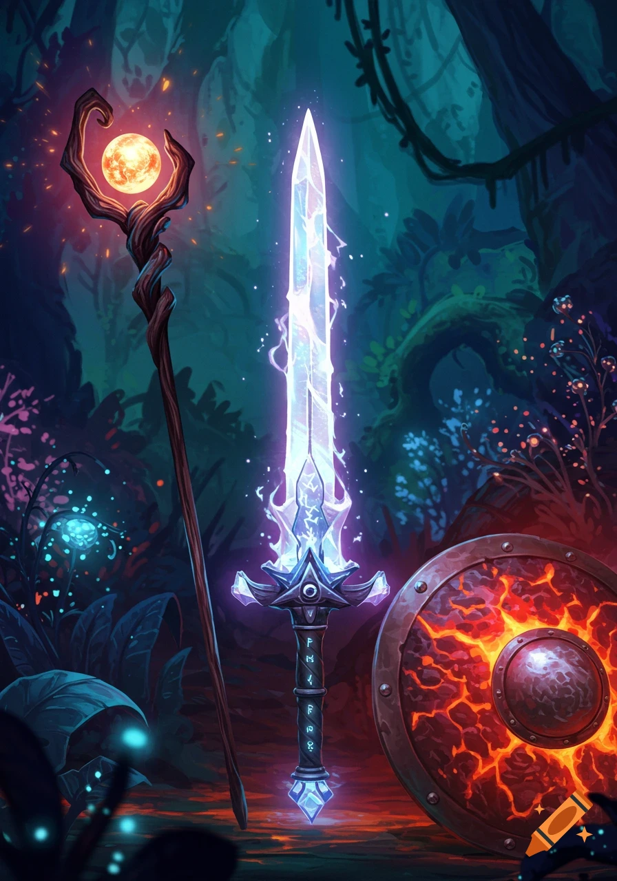 A glowing crystal sword, a mystical staff with an orb, and a fiery shield in a dark, magical forest.