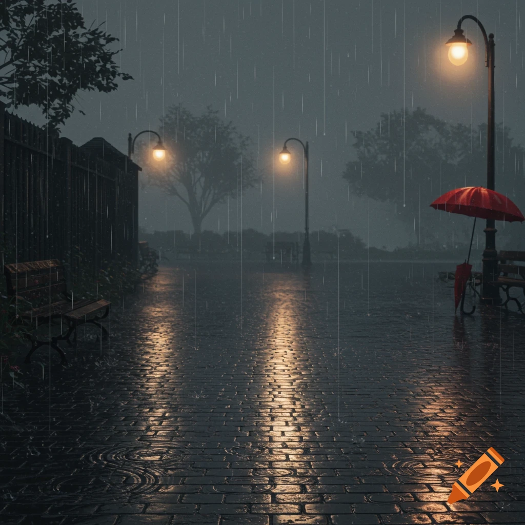 Rainy night scene in a park with glowing streetlights, reflections on wet cobblestone path, and a red umbrella.