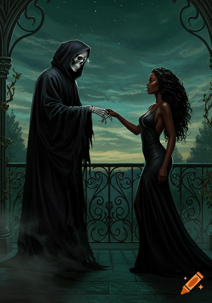 Digital art of the Grim Reaper holding hands with a Black woman in a black dress on a gothic balcony under a starry night.