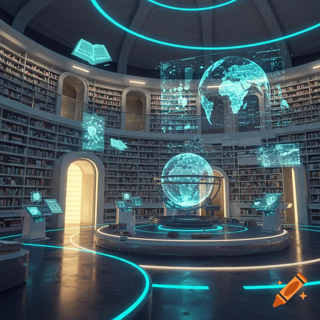 A futuristic, circular library with towering bookshelves, glowing blue lights, holographic globes of Earth, and digital data displays.