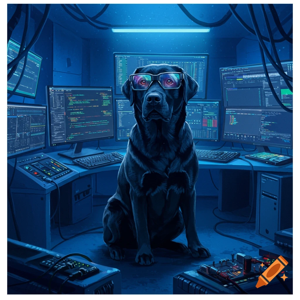 A black Labrador retriever wearing glasses sits in front of multiple computer monitors displaying code in a futuristic control room.