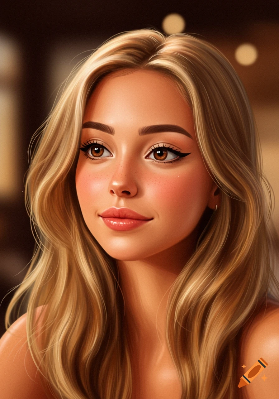 Digital painting of a young woman with long blonde hair, brown eyes, and a gentle smile looking away.
