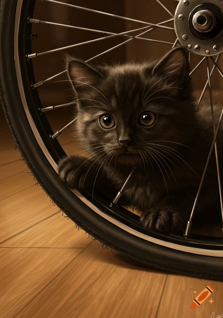 A fluffy black kitten with bright eyes peeking curiously through the metal spokes of a bicycle wheel, on a wooden floor, in an illustrative style.