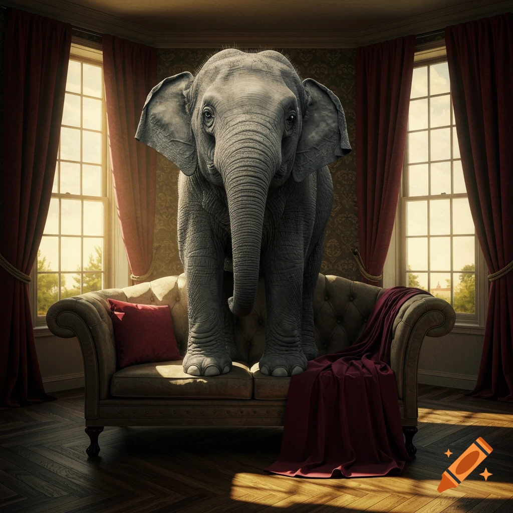 A baby elephant stands on a plush sofa in a luxurious room with large windows and red curtains, illuminated by sunlight.
