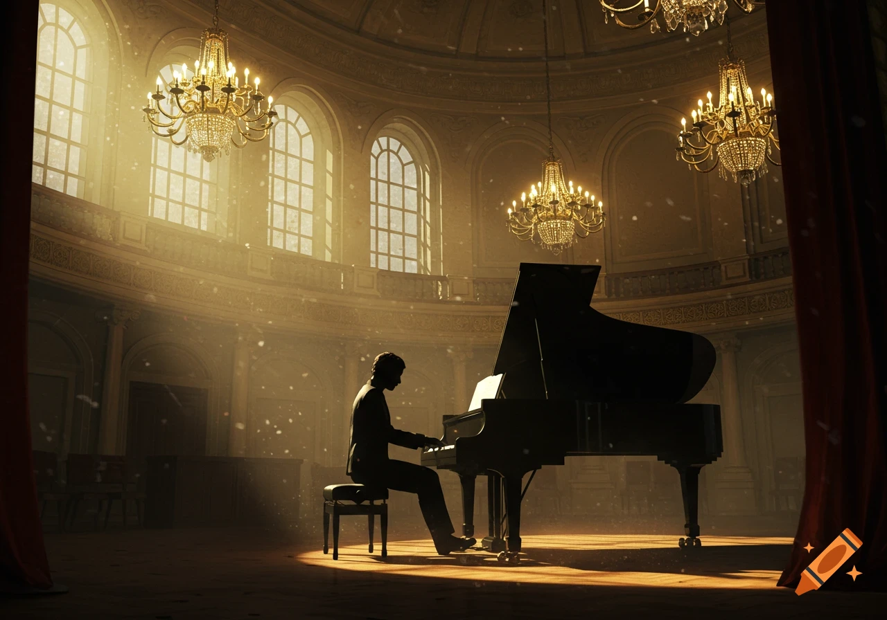 A silhouetted pianist plays a grand piano in a sunlit, ornate hall with chandeliers.