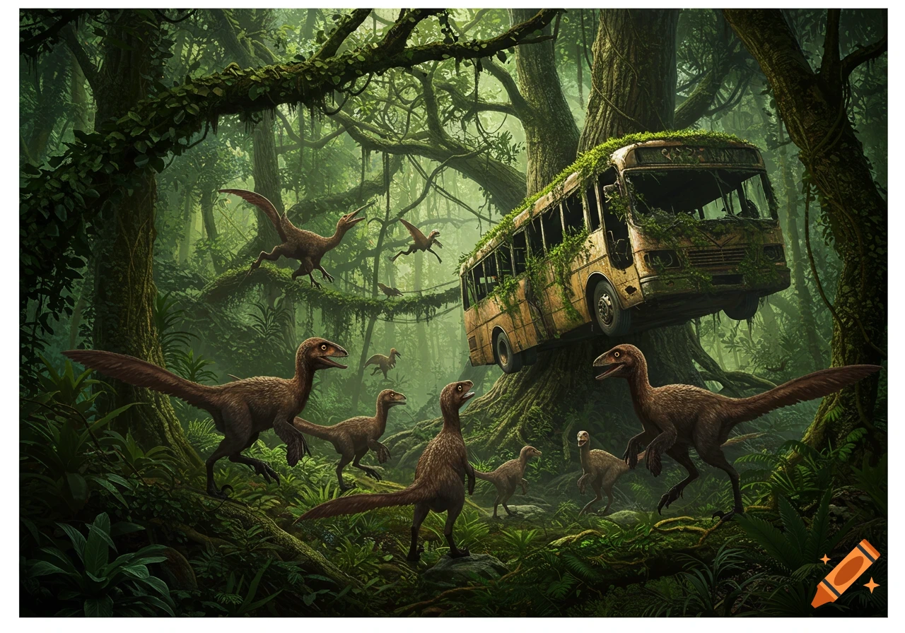 A pack of feathered deinonychus dinosaurs in a lush jungle looking at an abandoned, vine-covered bus suspended in a large tree.