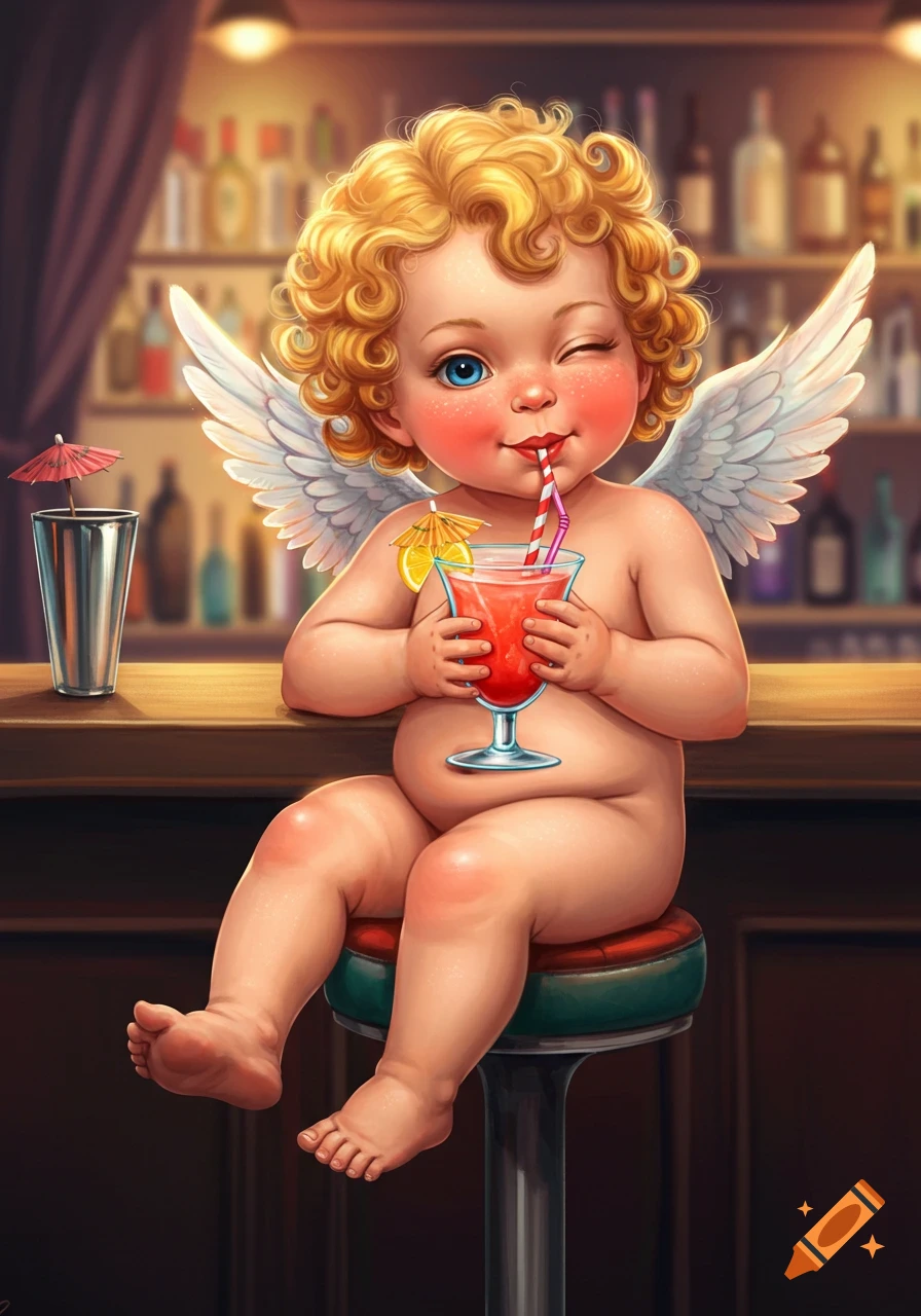 A cute, winking, blonde-haired Cupid with wings sits at a bar, sipping a red cocktail through a straw. Detailed cartoon style.