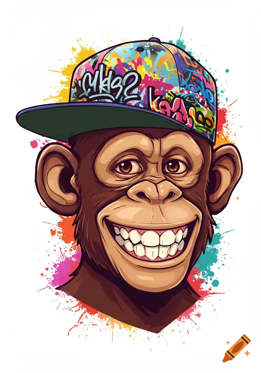 Cartoon monkey head wearing a colorful graffiti-style snapback cap, smiling with paint splatters in the background.