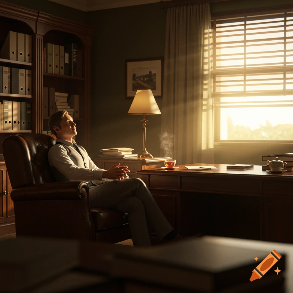 A man in a waistcoat relaxes in a leather armchair in a sunlit classical study, steam rising from his tea.