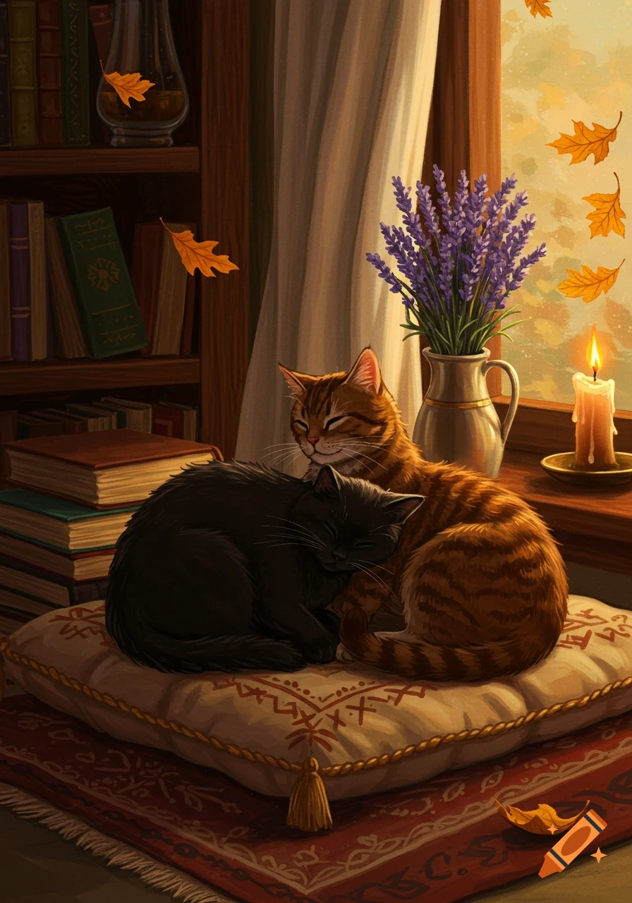Two cats, a black and an orange tabby, cuddle on a patterned pillow by an autumn window with books, lavender, and a candle.