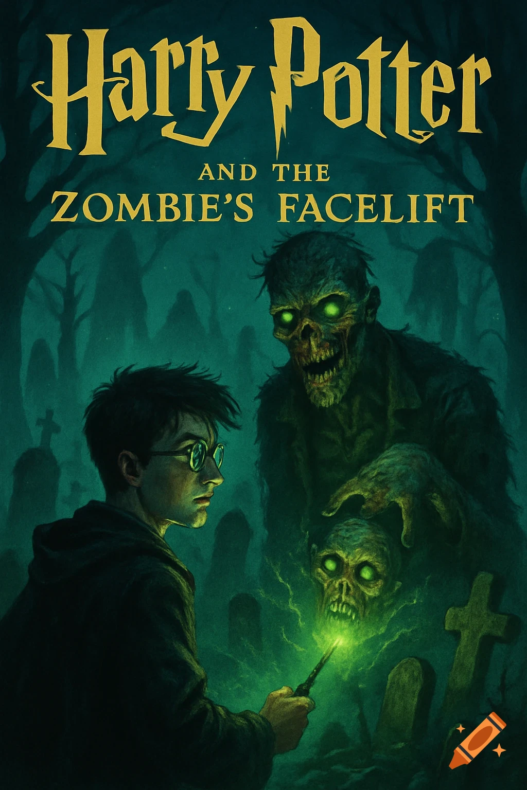 A moody, dark green book cover shows Harry Potter facing a decaying zombie and a floating zombie head in a misty graveyard, with glowing green eyes and magic.