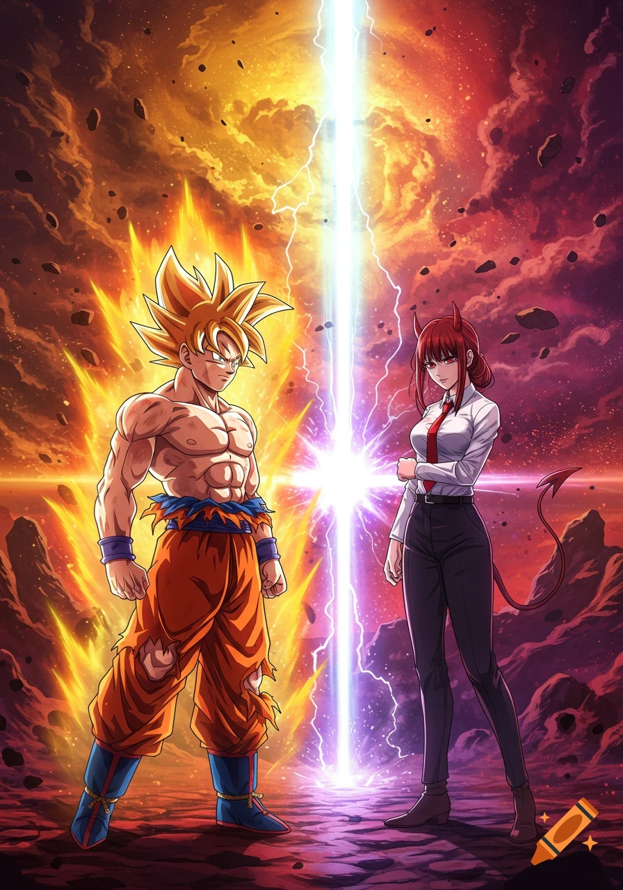 Anime art of Super Saiyan Goku and Makima facing each other, a bright energy beam between them, against a dramatic fiery sky.