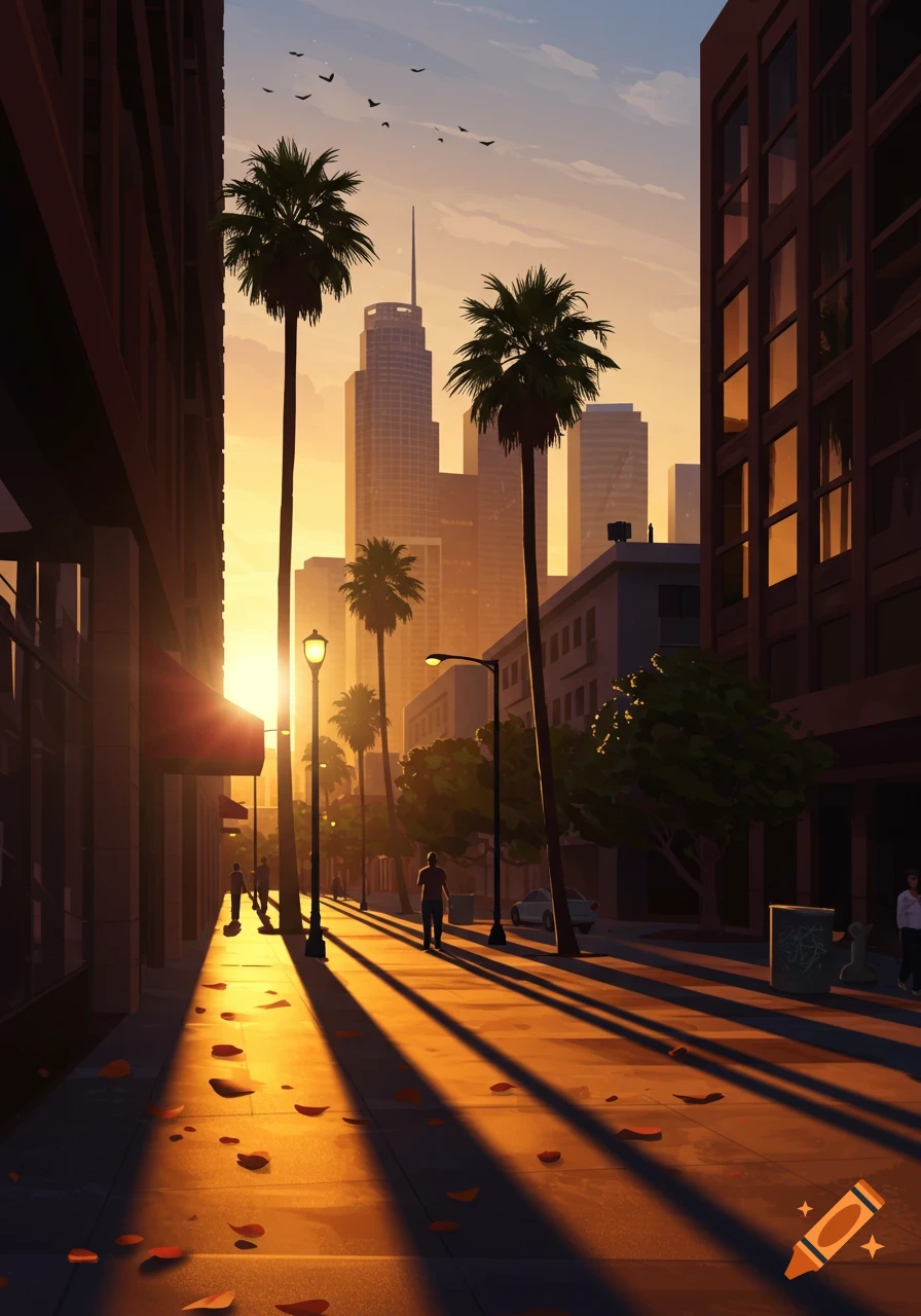 Stylized illustration of a vibrant urban street at sunset with long shadows, palm trees, and tall city buildings.