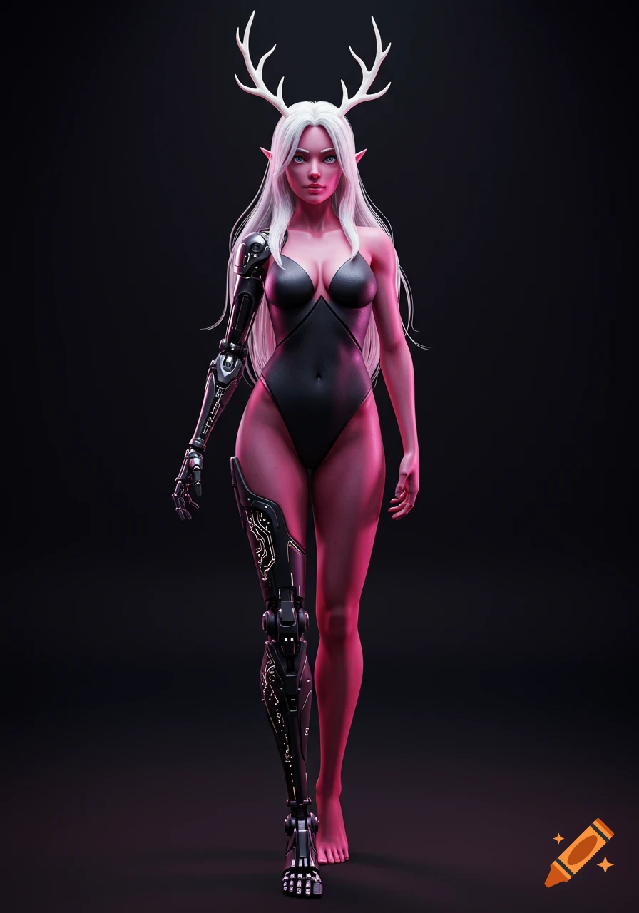A cyberpunk fantasy female character with pink skin, white hair, antlers, and a cybernetic arm and leg, wearing a black bodysuit.