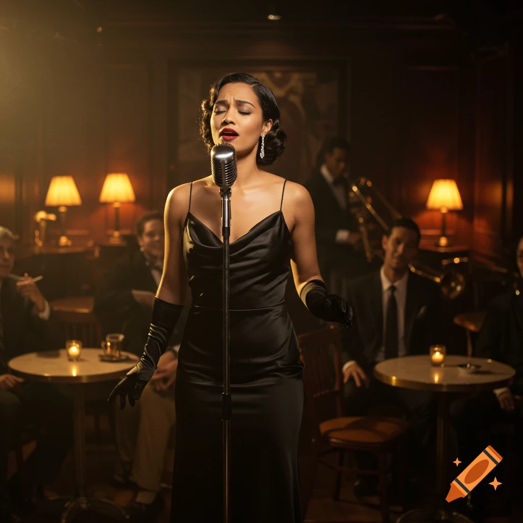 A photorealistic image of a female jazz singer in a black gown and gloves, singing into a vintage microphone in a dimly lit club.