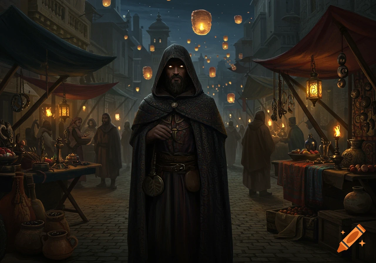A mysterious hooded figure with glowing eyes in a dark medieval marketplace with floating lanterns.