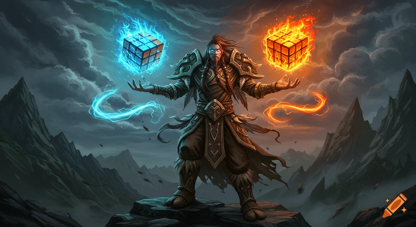 Fantasy shaman with glowing eyes holding a blue and orange flaming Rubik's Cubes with magic, against a stormy mountain backdrop. Digital art.