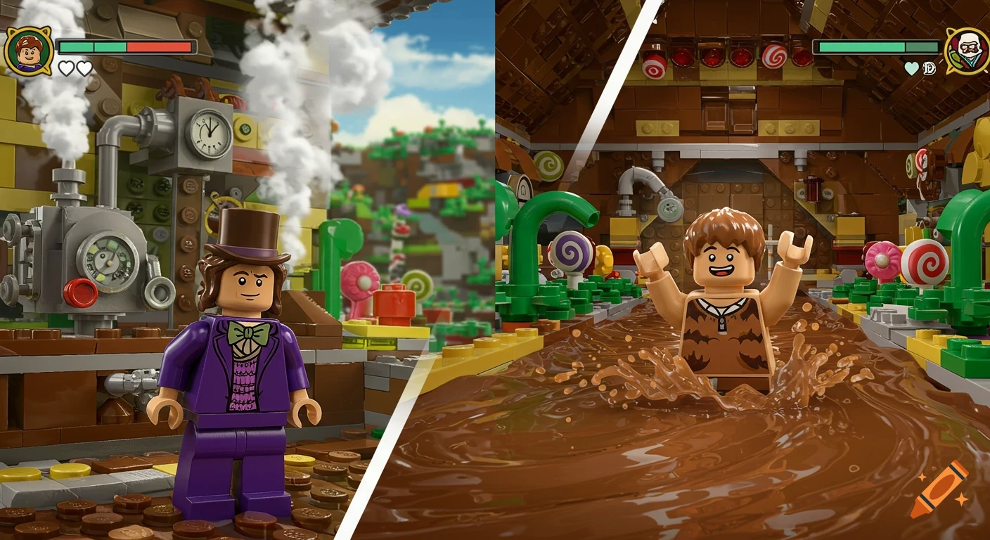 A split-screen Lego video game screenshot. Left: Willy Wonka in a purple suit stands in a factory. Right: Augustus Gloop is in a chocolate river.