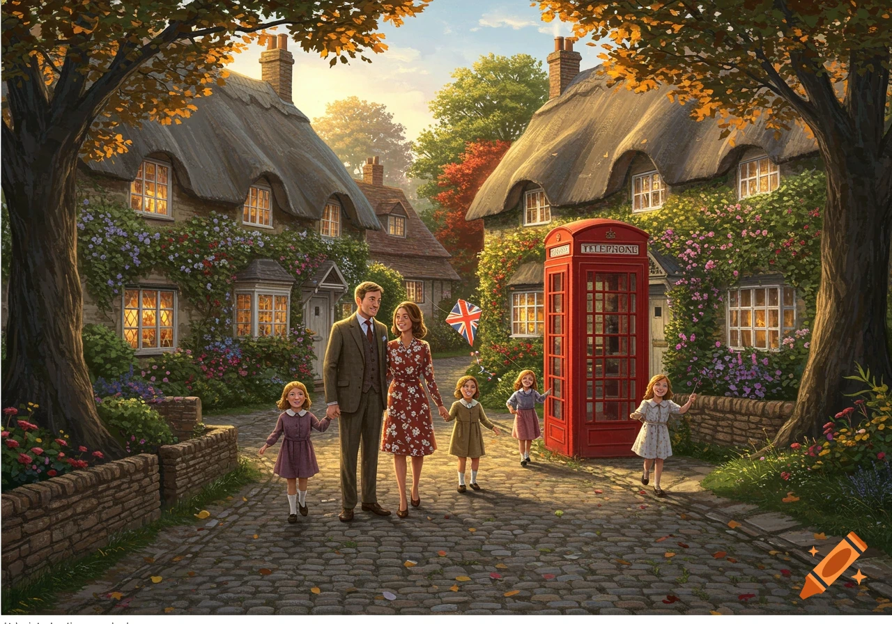 An idyllic illustration of a British family, parents and four children, walking down a cobblestone street in a charming village with thatched-roof cottages and a red telephone booth.