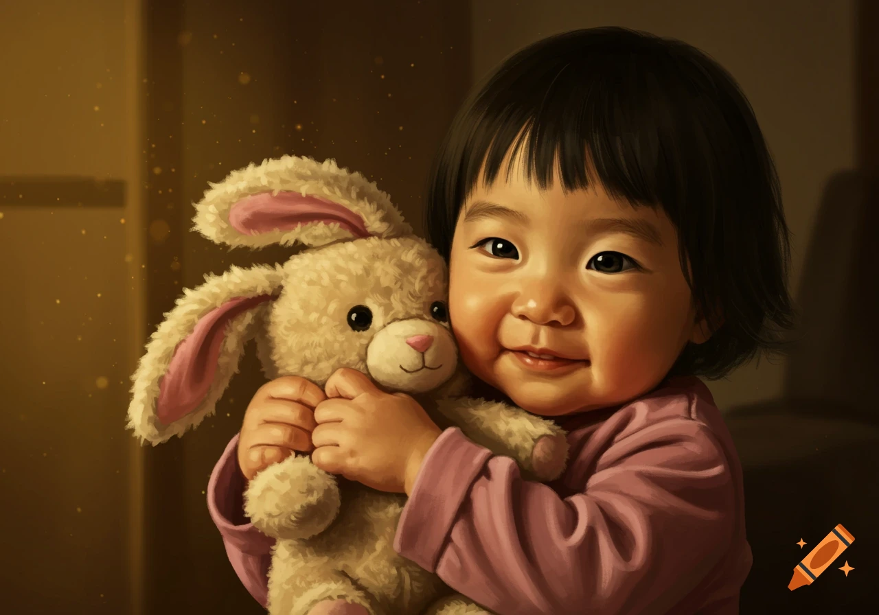 A happy Cantonese child clutches a fluffy stuffed bunny, rendered as a warm, softly lit digital painting.