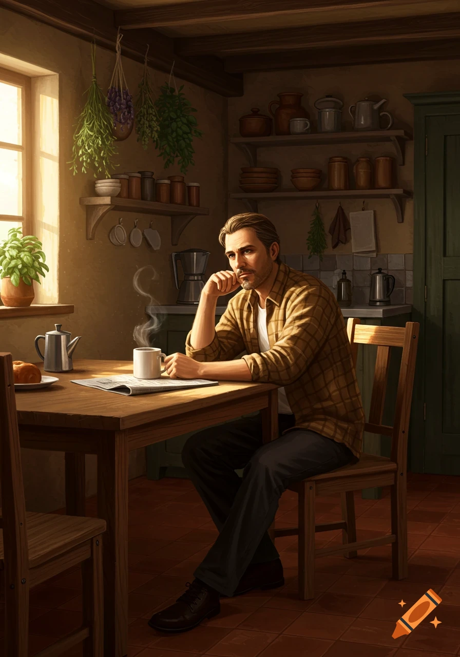 A man sits thoughtfully at a wooden kitchen table with coffee and a newspaper, sunlight streaming from a window into the rustic kitchen.