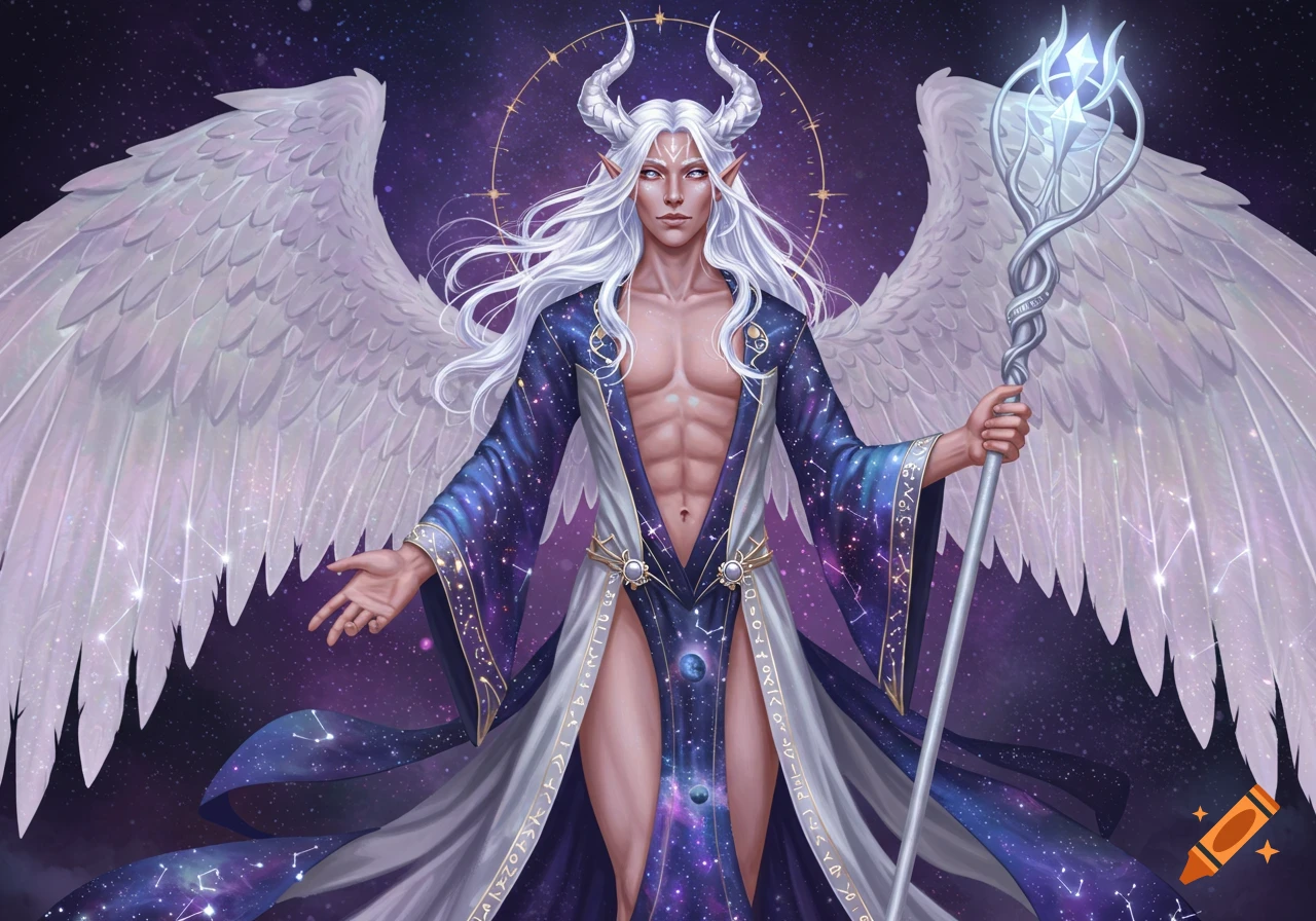 An ethereal male sorcerer with white hair, horns, and large white wings, wearing a cosmic-patterned robe, holding a glowing staff, set against a starry background.