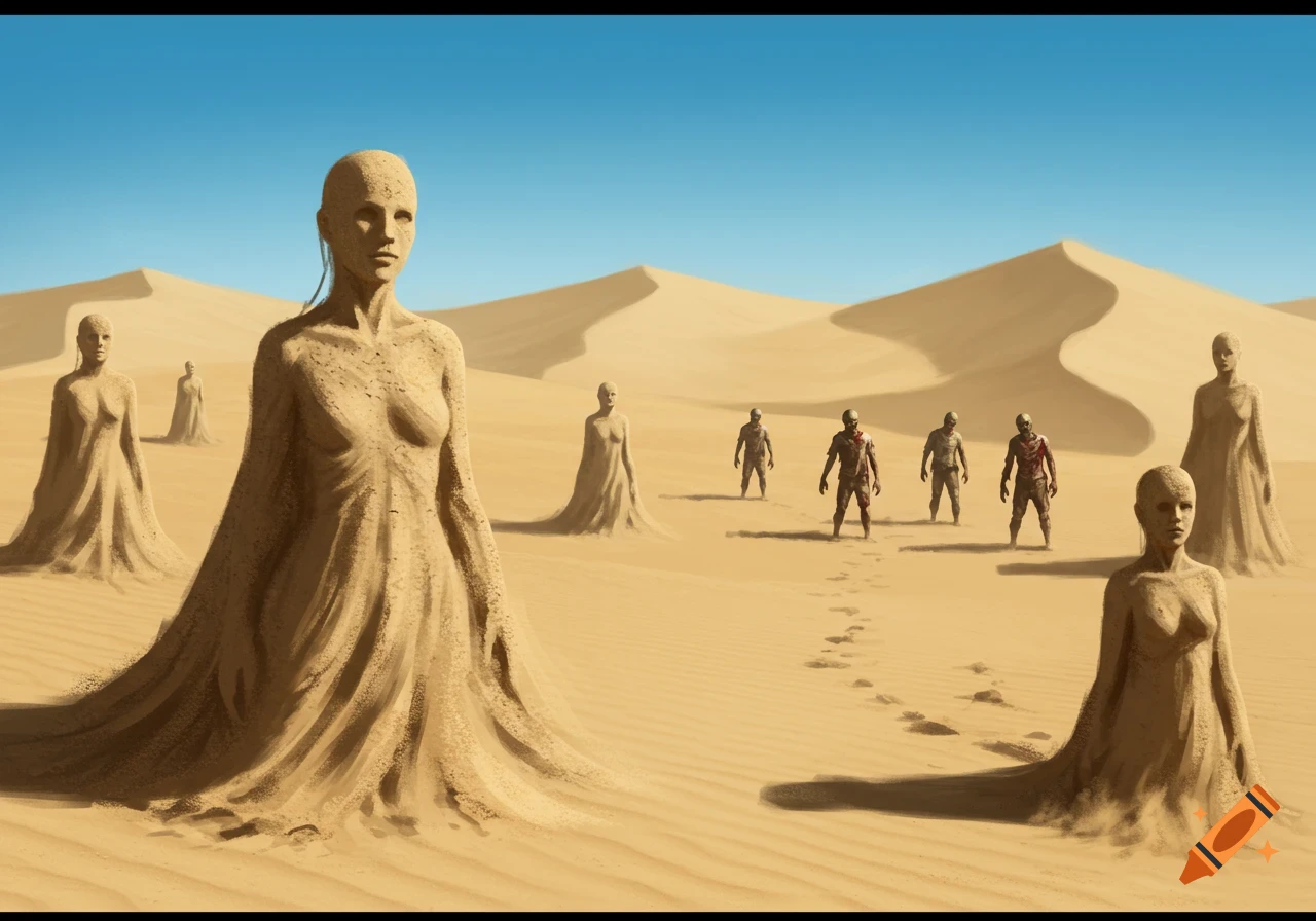 Digital painting of sand figures and zombies in a vast desert with dunes under a clear blue sky.