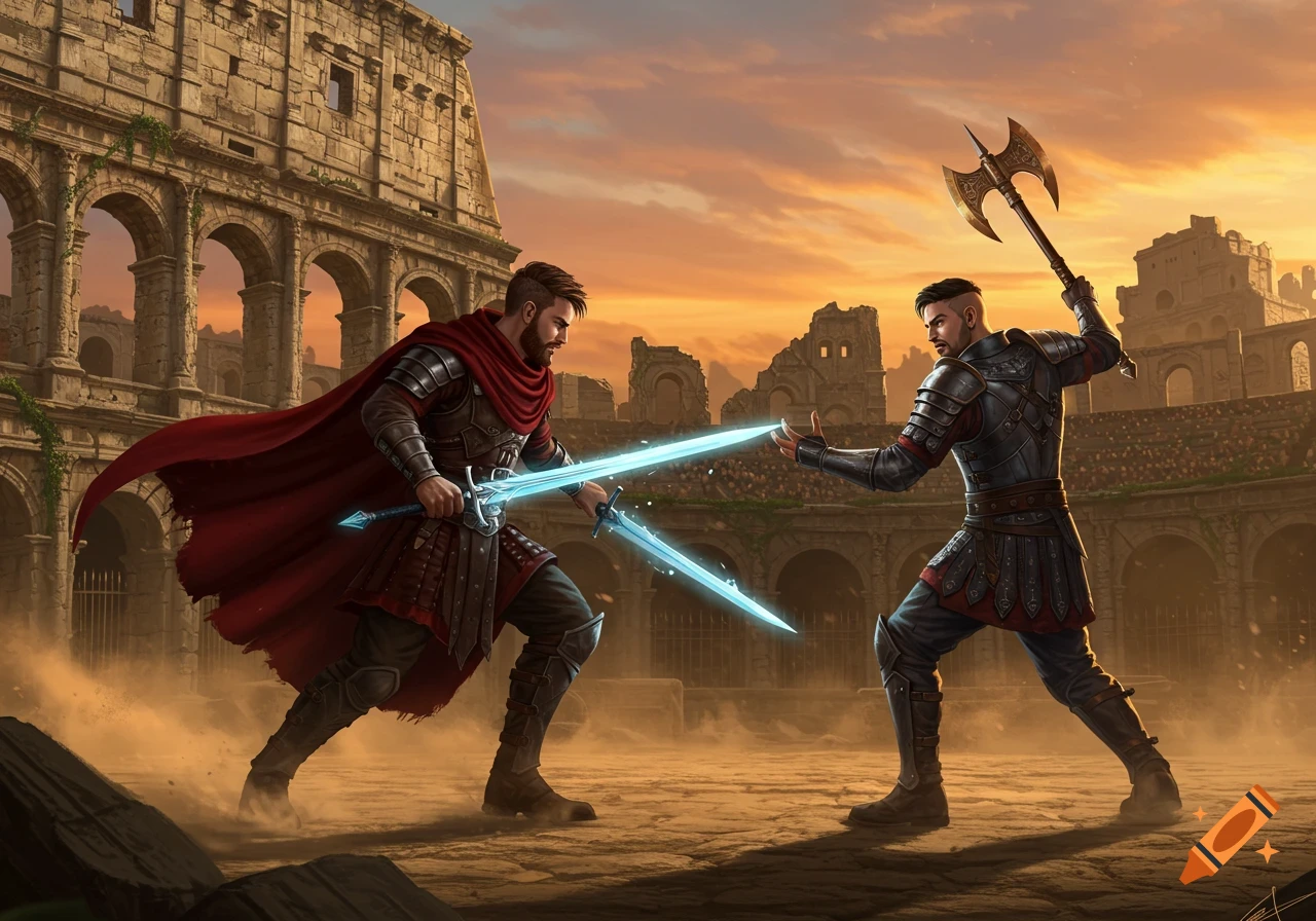 Two armored fantasy warriors fight with glowing swords and an axe in a ruined ancient arena at sunset.